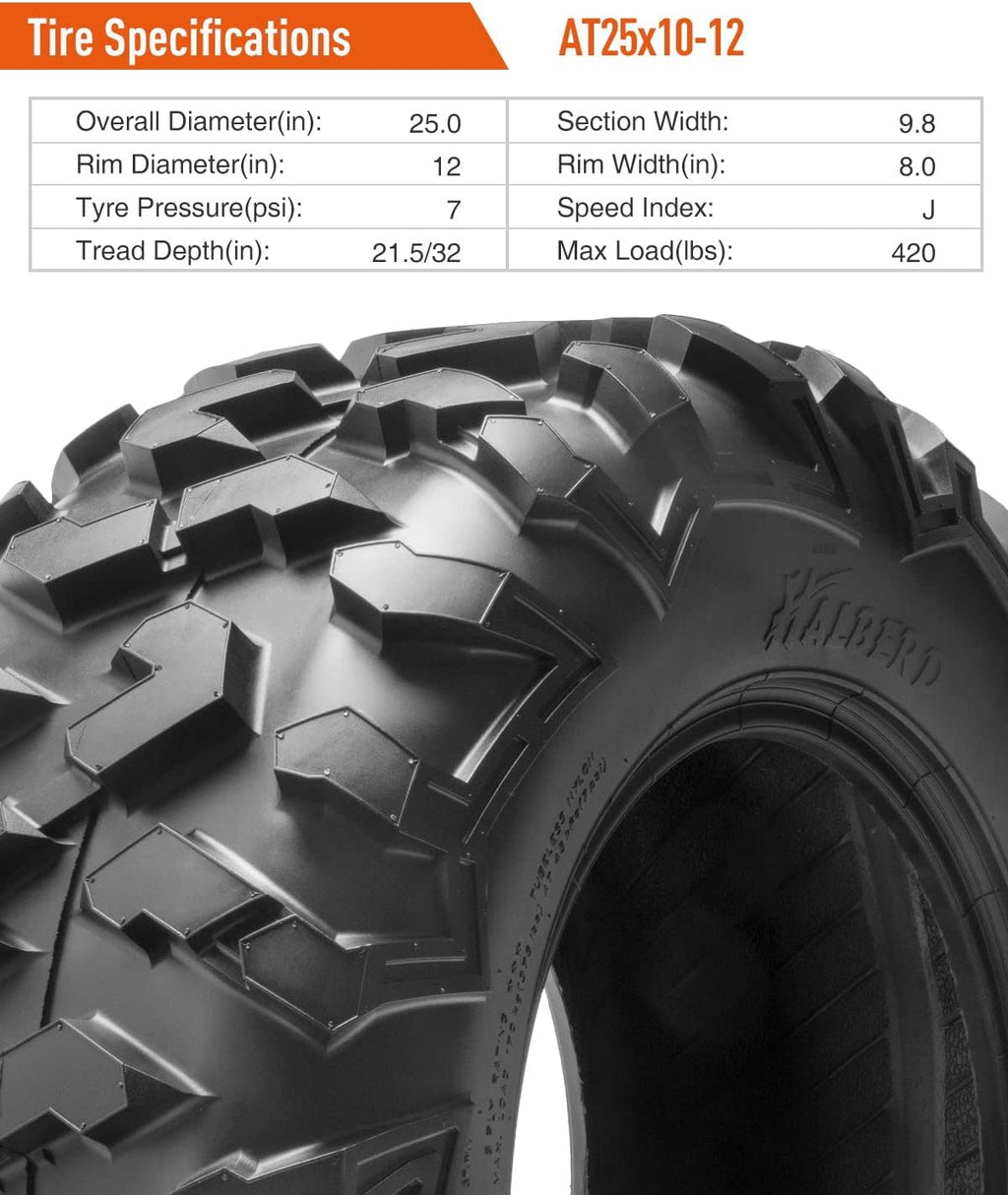 Set of 4 ATV UTV Tires 25x8-12 25x10-12 17MM Tread Depth O5017