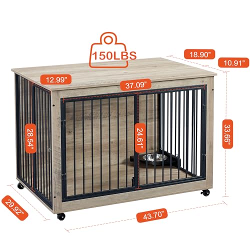 Large Dog Kennel Furniture with 1 Stainless Steel Bowls (43Inch Grey) A531876