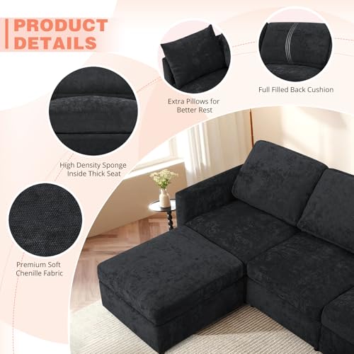 Blue Chenille 3-Seater Sectional Sofa with Ottoman E8318
