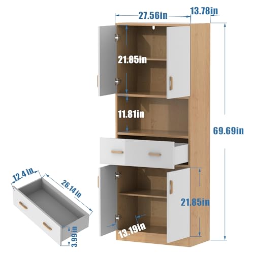 70" Tall Wooden Kitchen Pantry Cabinet with Doors and Drawer L293