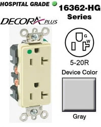 Hospital Grade Duplex Receptacle 20A 125V Gray C654224