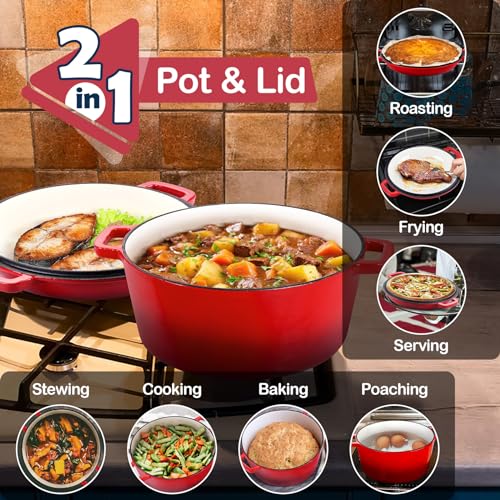 Red 5 QT Enameled Cast Iron Dutch Oven with 2 Quart Skillet Lid Pan U899