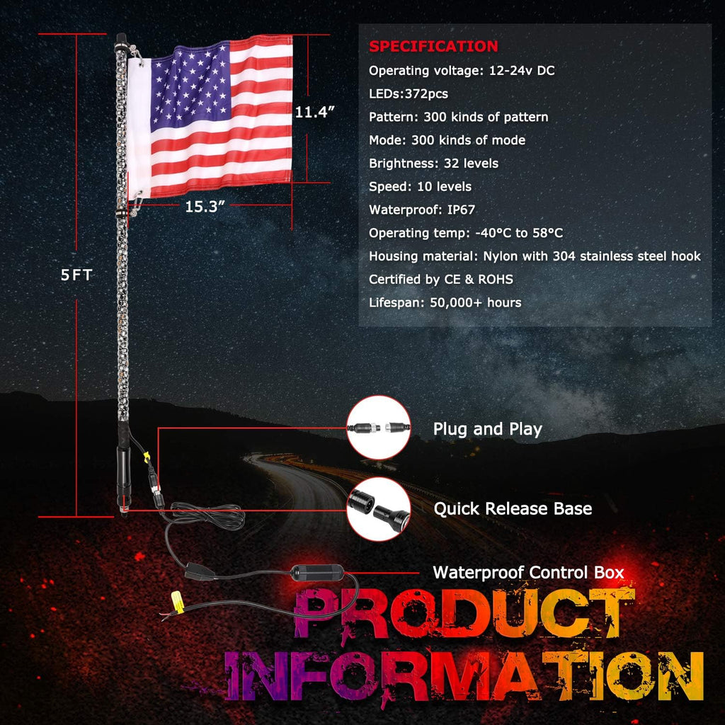 5FT RGB LED Whip Light Antenna Pack of 2 Q555