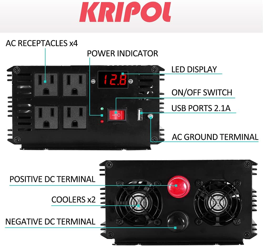 1500 Watt Pure Sine Wave Power Inverter 12V DC to 110V AC 60HZ with 4 AC Outlets and 1 USB Output P171398