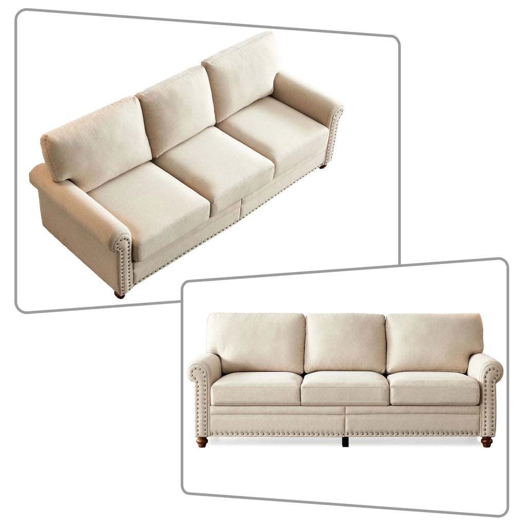 Beige Upholstered Three-seat Sofa with Wood Legs E5238