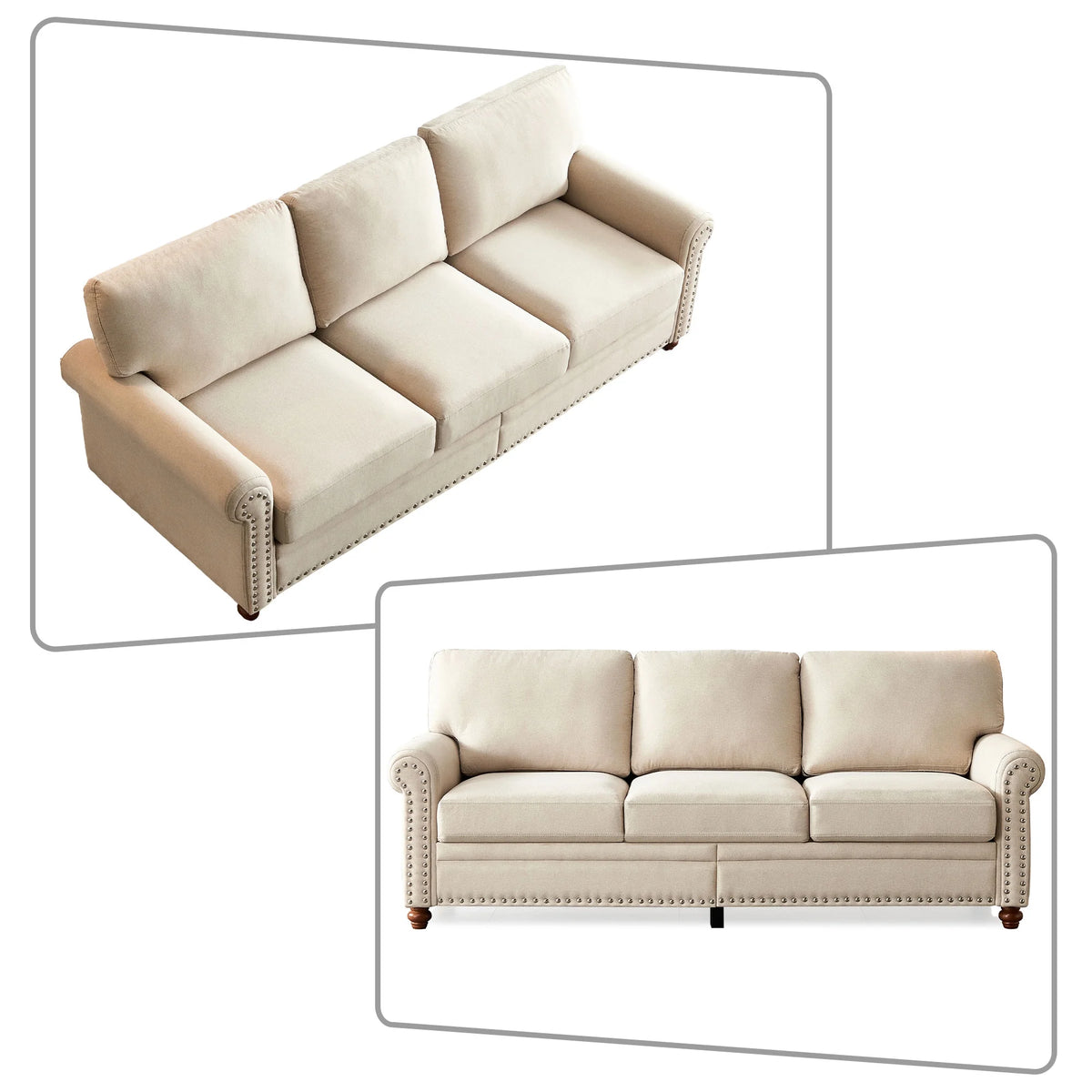 Beige Upholstered Three-seat Sofa with Wood Legs E5238