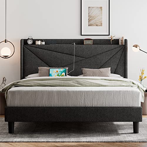 Black Queen Size Linen Upholstered Platform Bed Frame with Storage Headboard M145