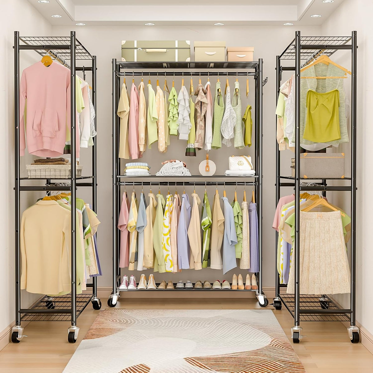Heavy Duty Metal Rolling Clothes Rack with Double Rods & 3 Wire Shelves V506802