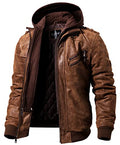 Brown Leather Motorcycle Jacket with Removable Hood S660
