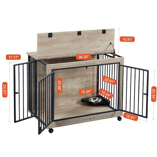 Large Dog Kennel Furniture with 1 Stainless Steel Bowls (43Inch Grey) A531876