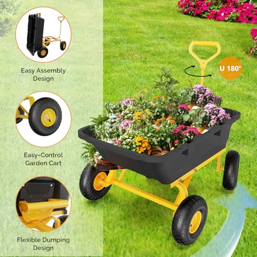 Heavy Duty Dump Cart Wagon, 770LBS Poly Wheelbarrow, 10in All-Terrain Pneumatic Tires B573405