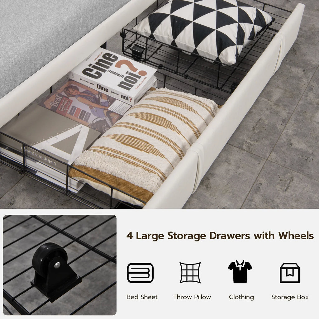 Faux Leather Upholstered Queen Bed Frame with Storage Headboard A13116