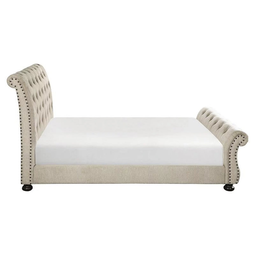 Beige California King Wood Tufted Sleigh Bed X290372