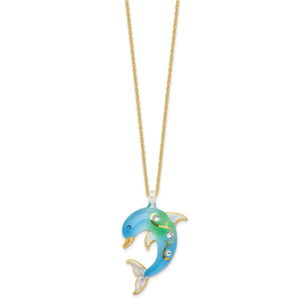 Turquoise Glass Dolphin 18 inch Gold-tone Necklace E872