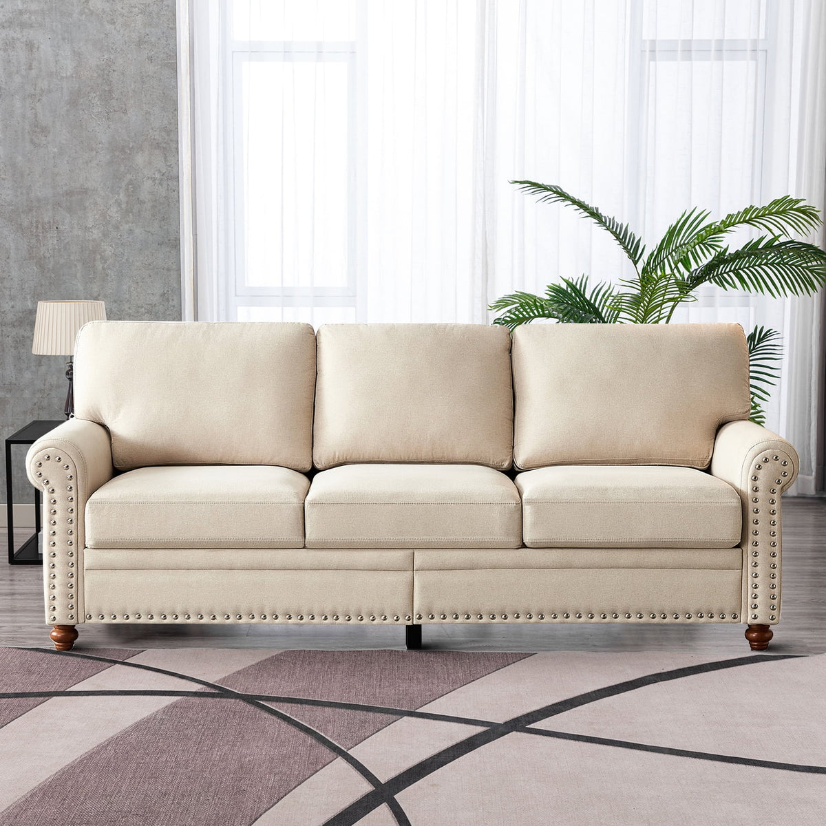 Beige Upholstered Three-seat Sofa with Wood Legs E5238