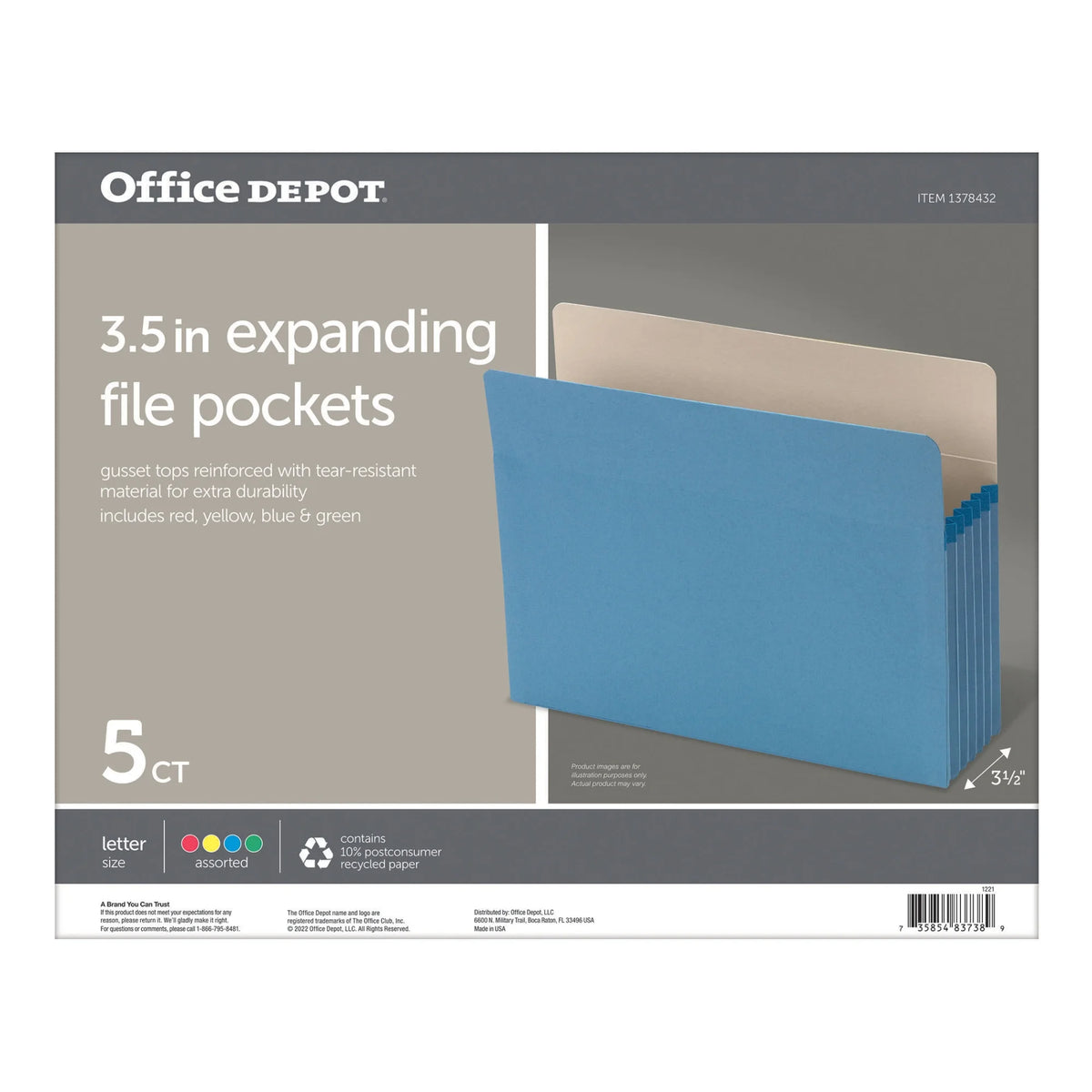 Letter Size File Cabinet Pockets, 3 1/2" Expansion, Pack Of 5 S86082