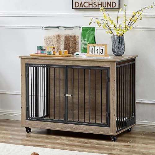 Large Dog Kennel Furniture with 1 Stainless Steel Bowls (43Inch Grey) A531876