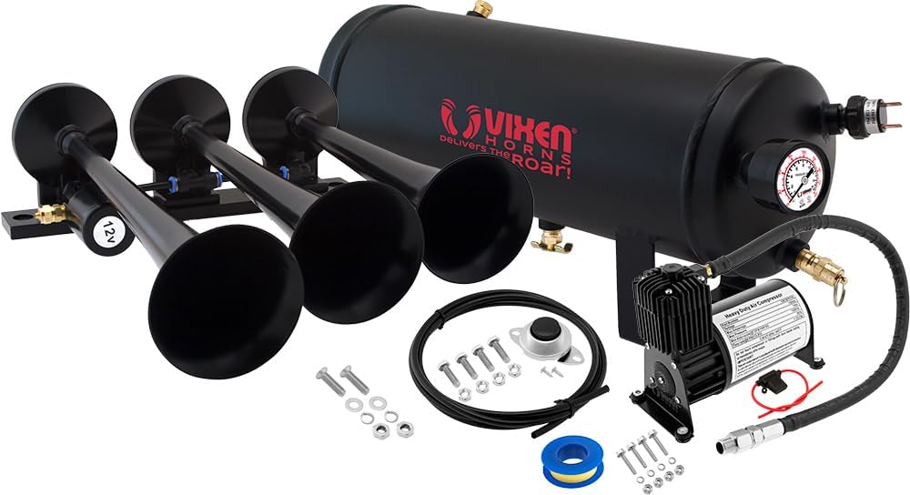 Train Horn Kit with 150psi Air Compressor, 1.5 Gallon Tank, 3 Trumpets D4302