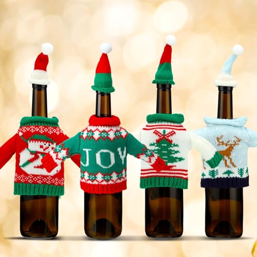 16 Sets Christmas Wine Bottle Sweater Cover with Hat Knitted Dress Snowman Elk Santa J244181