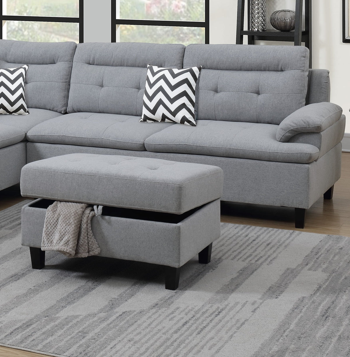 Grey Polyfiber Sectional Sofa with Ottoman and Storage Cushion Pillows A967312
