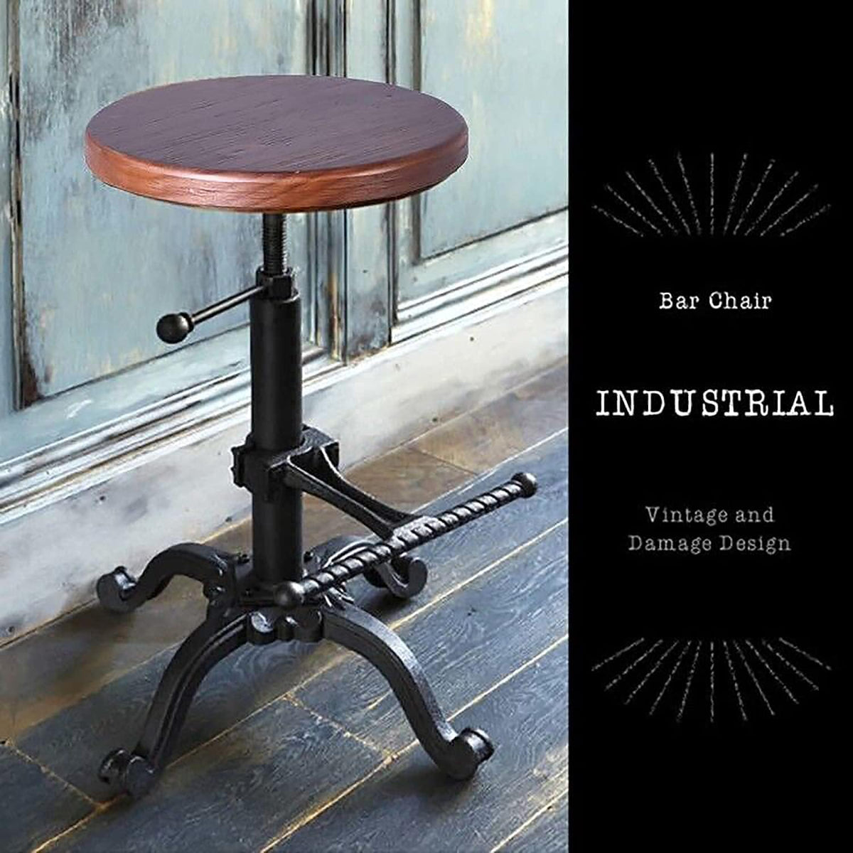 Rustic Swivel Adjustable 22-26 Bar Stool Cast Iron Wooden Brown R916