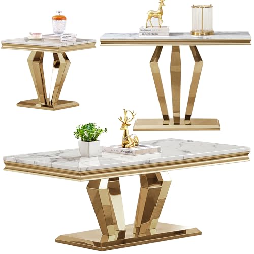 4 Piece Faux Marble Coffee Table Set with Gold Stainless Steel Base E3244