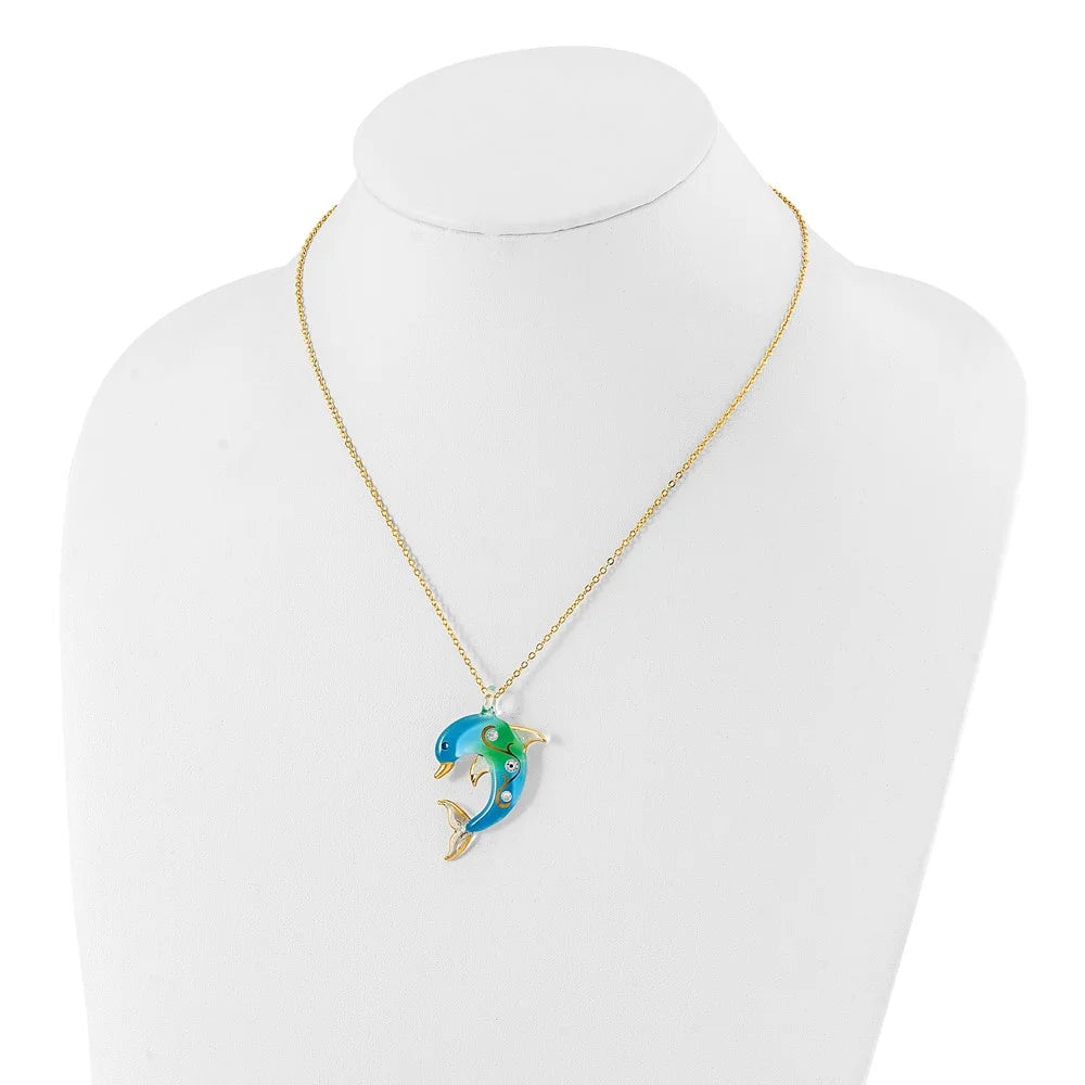 Turquoise Glass Dolphin 18 inch Gold-tone Necklace E872