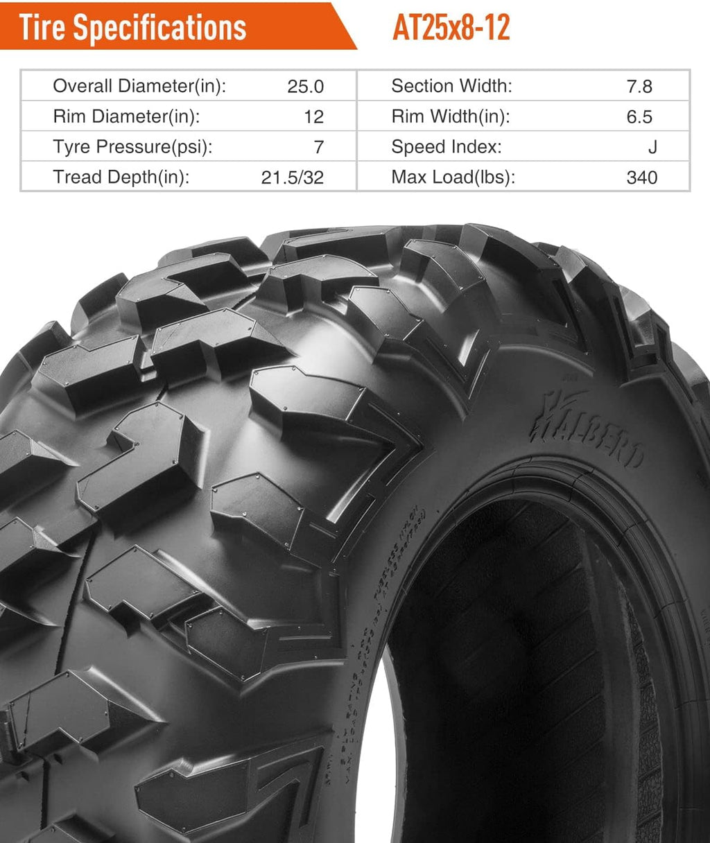 Set of 4 ATV UTV Tires 25x8-12 25x10-12 17MM Tread Depth O5017
