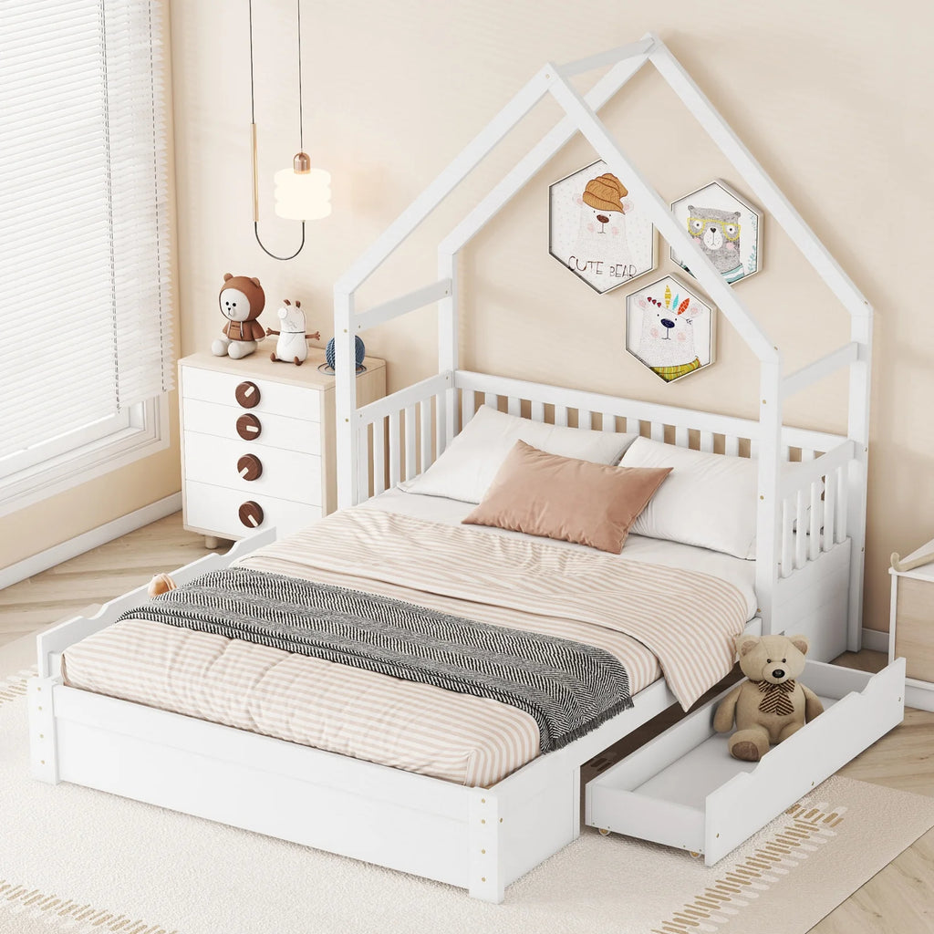 Queen Size Wood Platform Bed Frame with Guardrail and 2 Storage Drawers Y9262