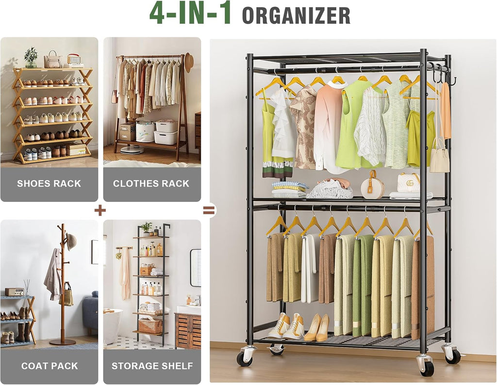 Heavy Duty Metal Rolling Clothes Rack with Double Rods & 3 Wire Shelves V506802
