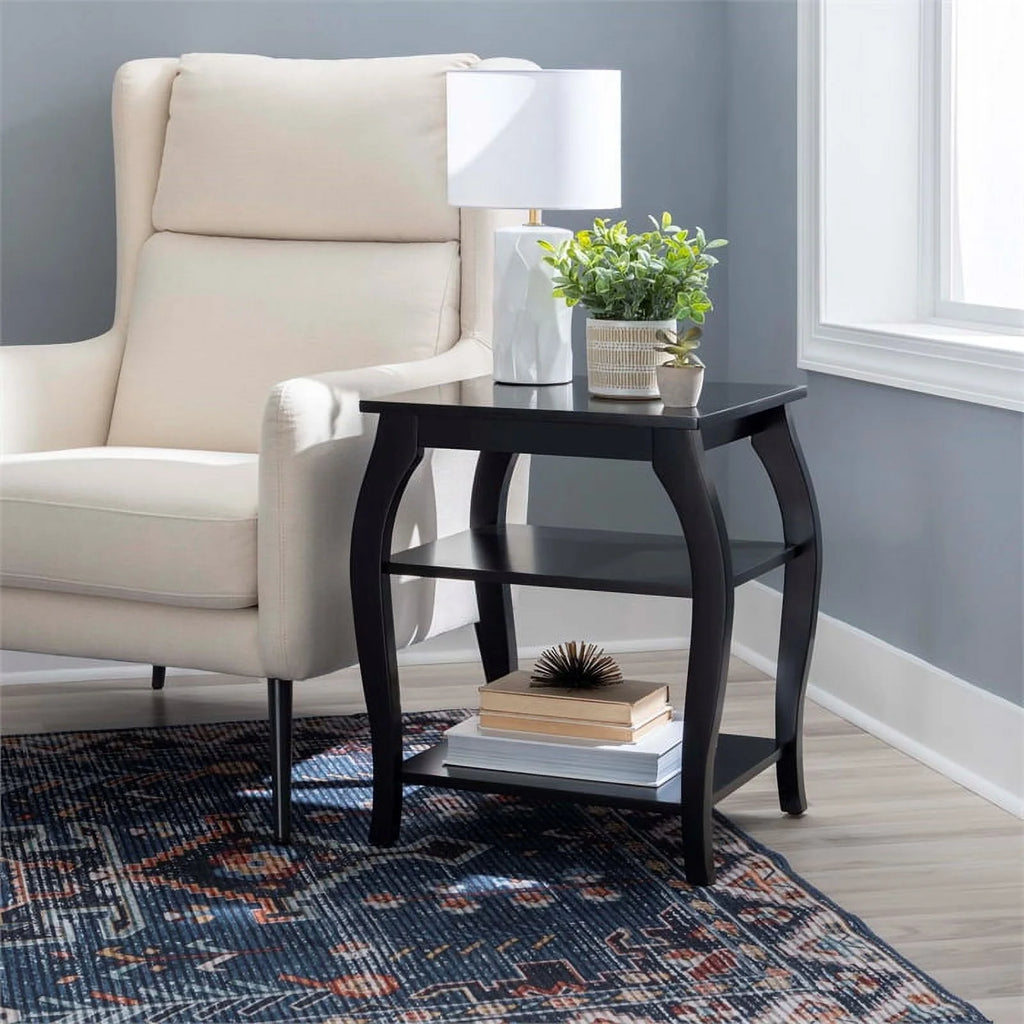 Black Wood Side Table with 2 Shelves Q9647