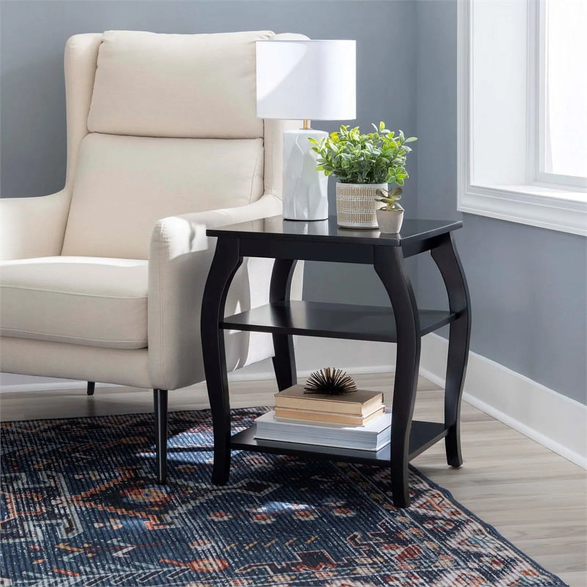 Black Wood Side Table with 2 Shelves Q9647