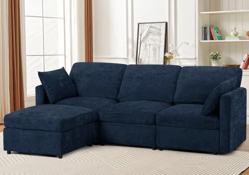 Blue Chenille 3-Seater Sectional Sofa with Ottoman E8318