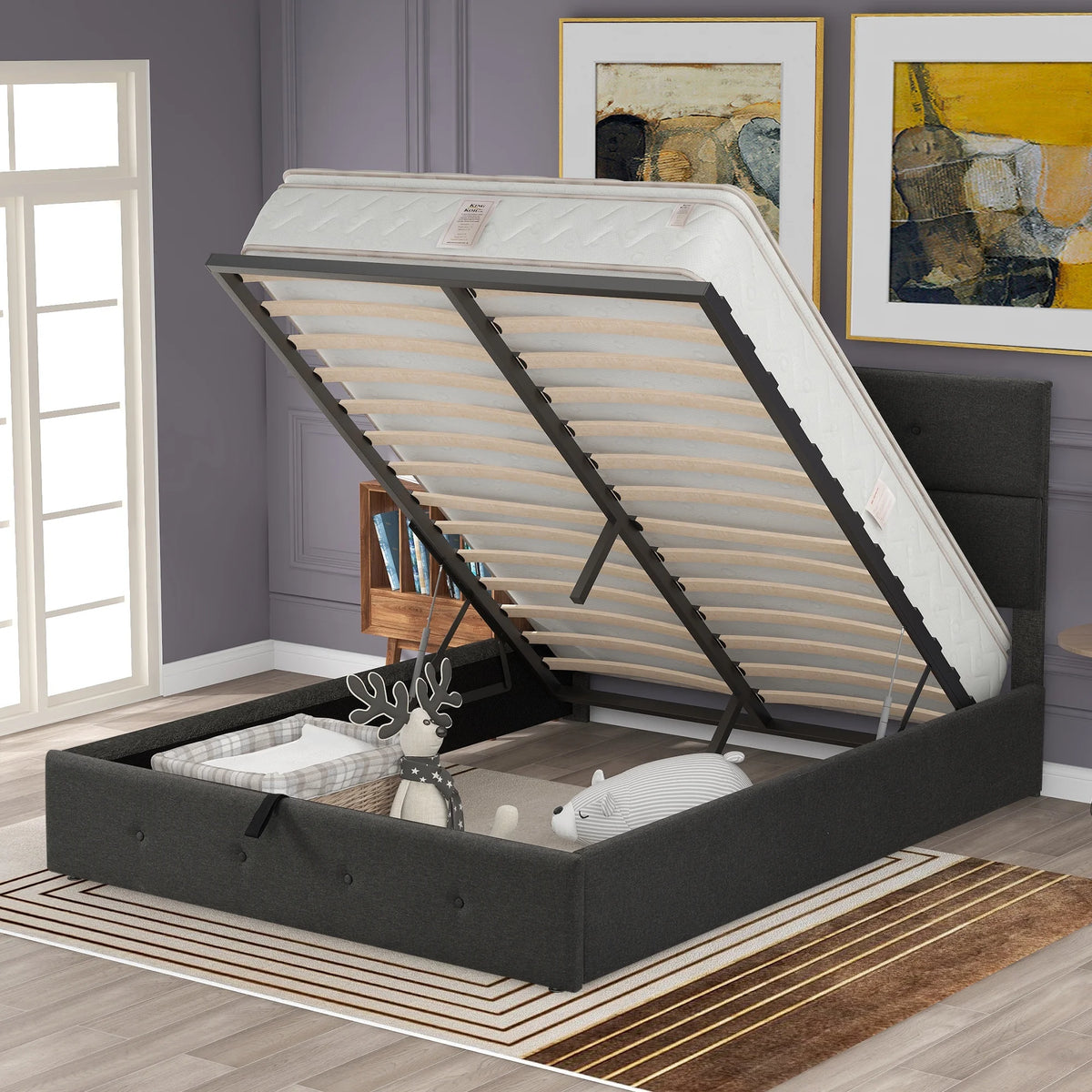 Gray Queen Size Upholstered Lift Up Bed with Headboard and Storage Z793445