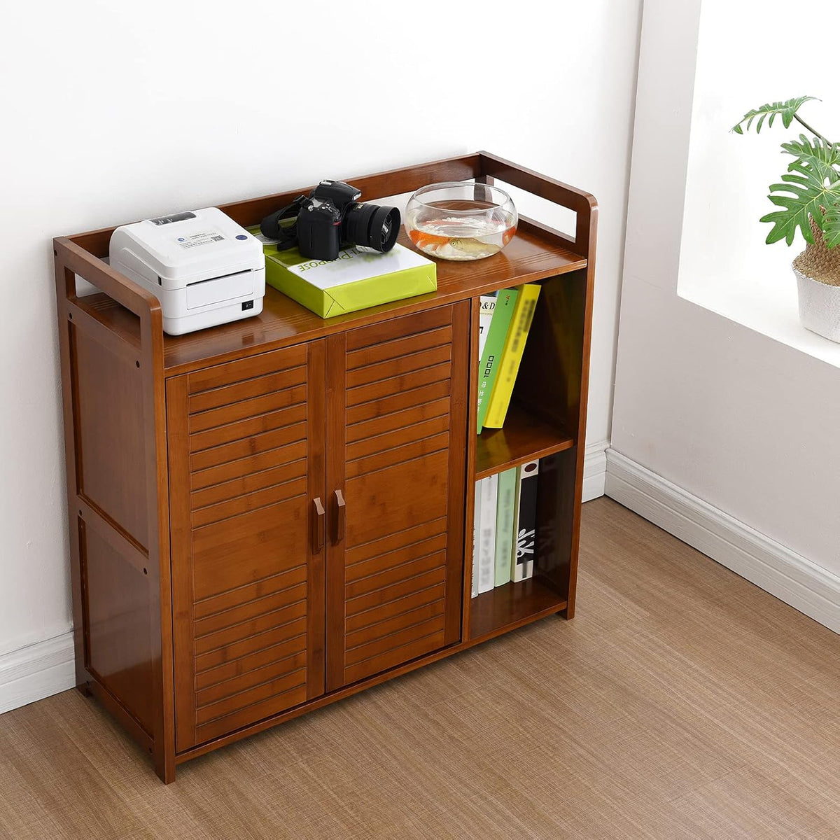 Bamboo Floor Storage Cabinet with 2 Doors and 2 Open Shelves, Antique Brown L92302