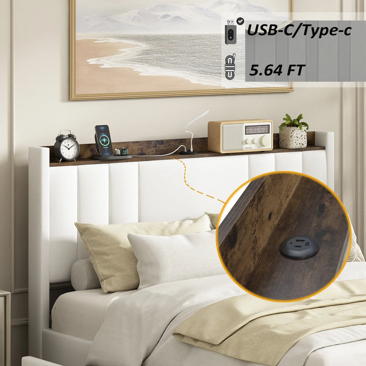 Faux Leather Upholstered Queen Bed Frame with Storage Headboard A13116