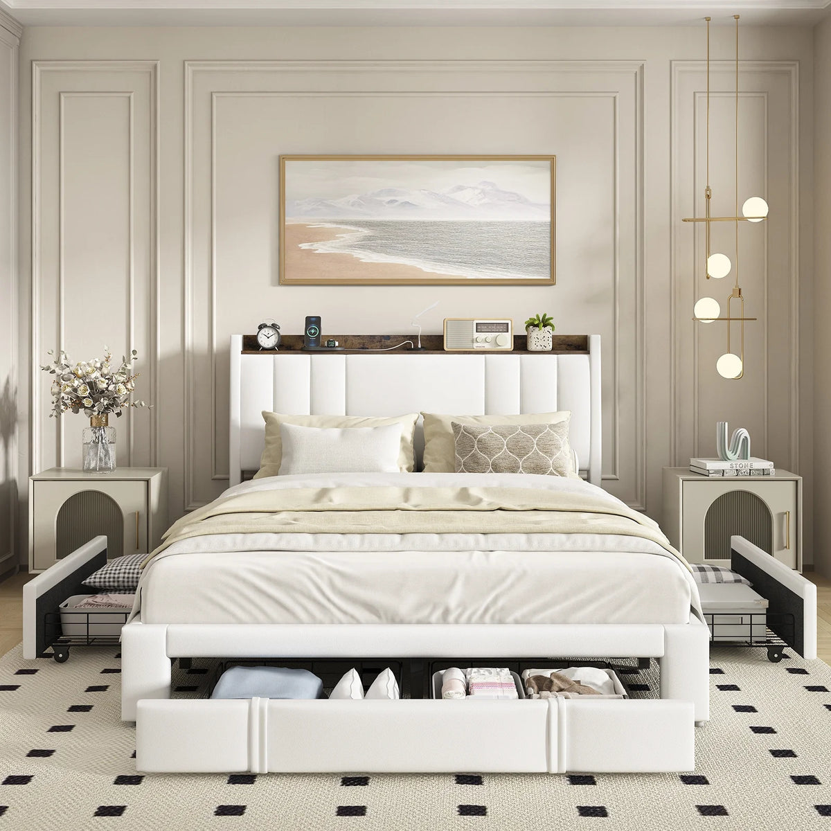 Faux Leather Upholstered Queen Bed Frame with Storage Headboard A13116