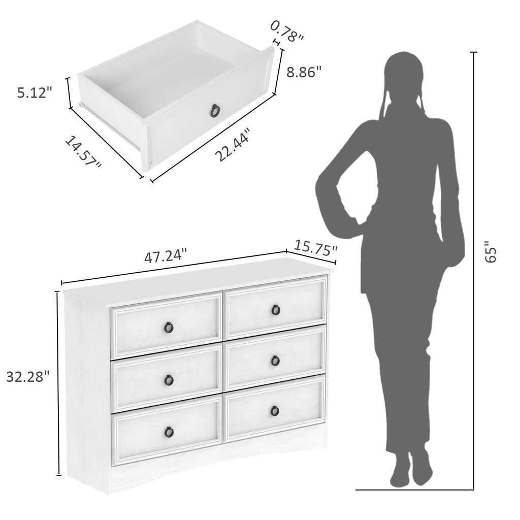 White 6 Drawer Wood Dresser I651748