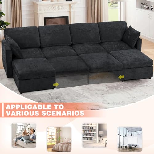 Blue Chenille 3-Seater Sectional Sofa with Ottoman E8318