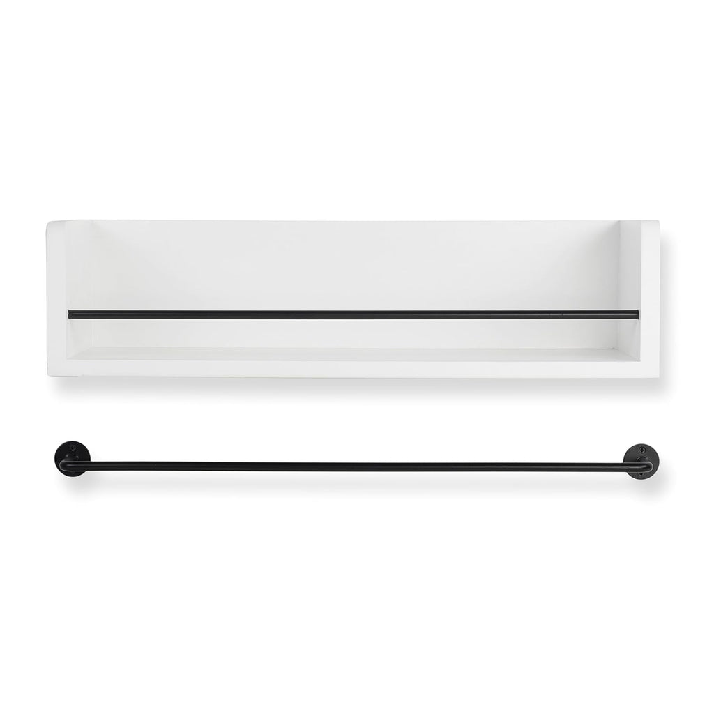 White Rustic Wood Wall Shelf with Metal Rail D837