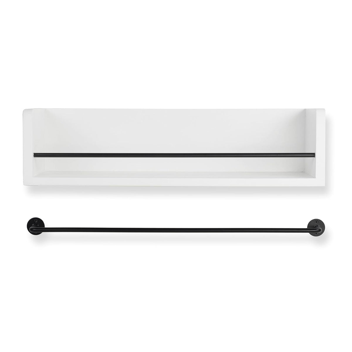White Rustic Wood Wall Shelf with Metal Rail D837