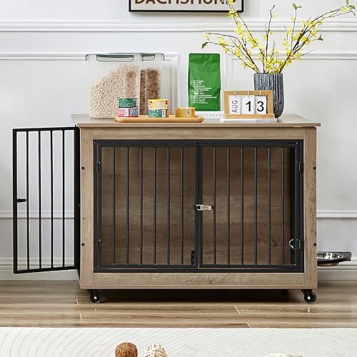 Large Dog Kennel Furniture with 1 Stainless Steel Bowls (43Inch Grey) A531876