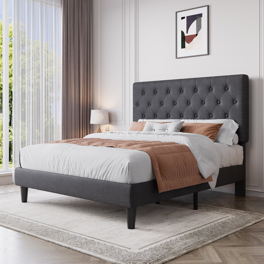 Black Queen Size Platform Bed Frame with Adjustable Tufted Headboard Z15807