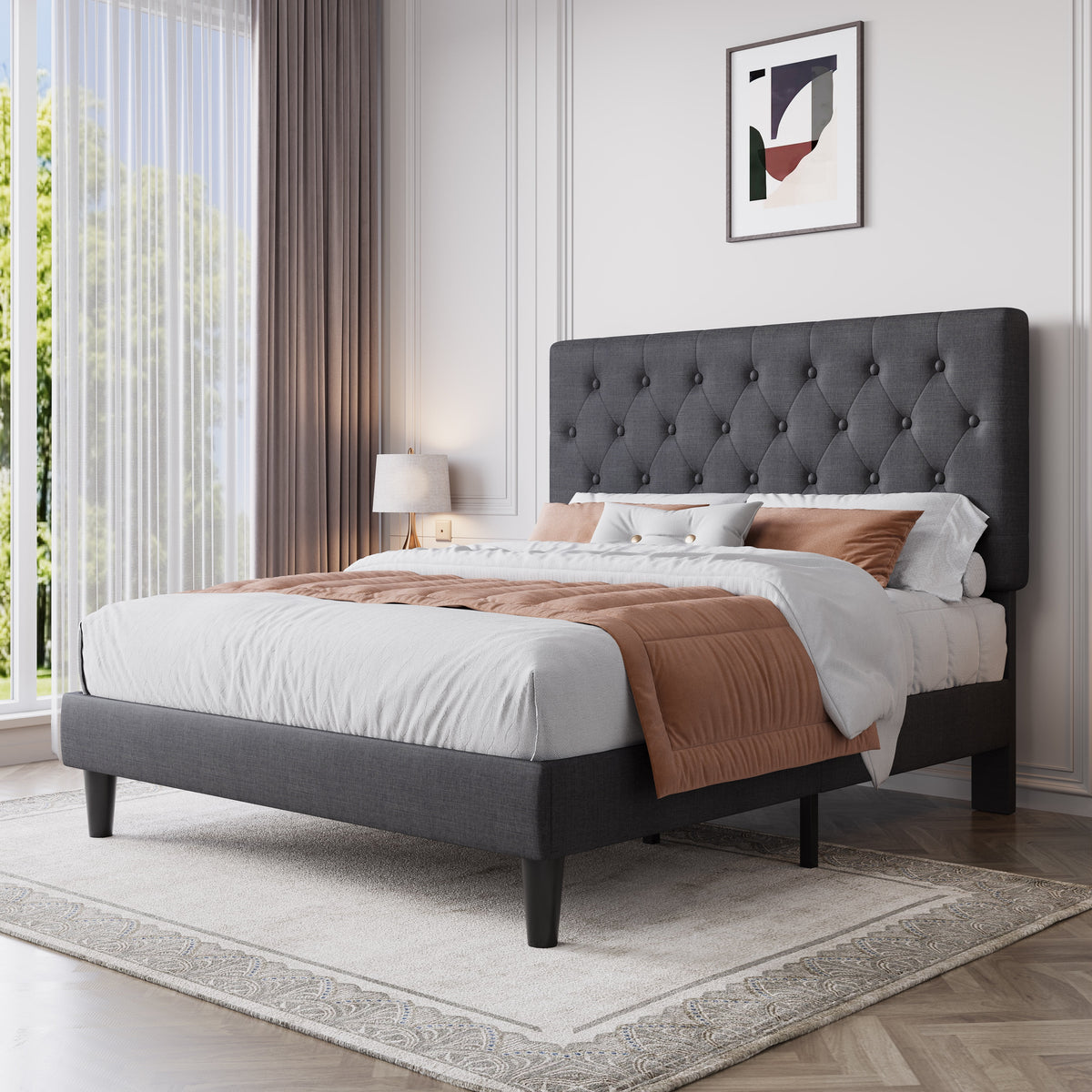 Black Queen Size Platform Bed Frame with Adjustable Tufted Headboard Z15807