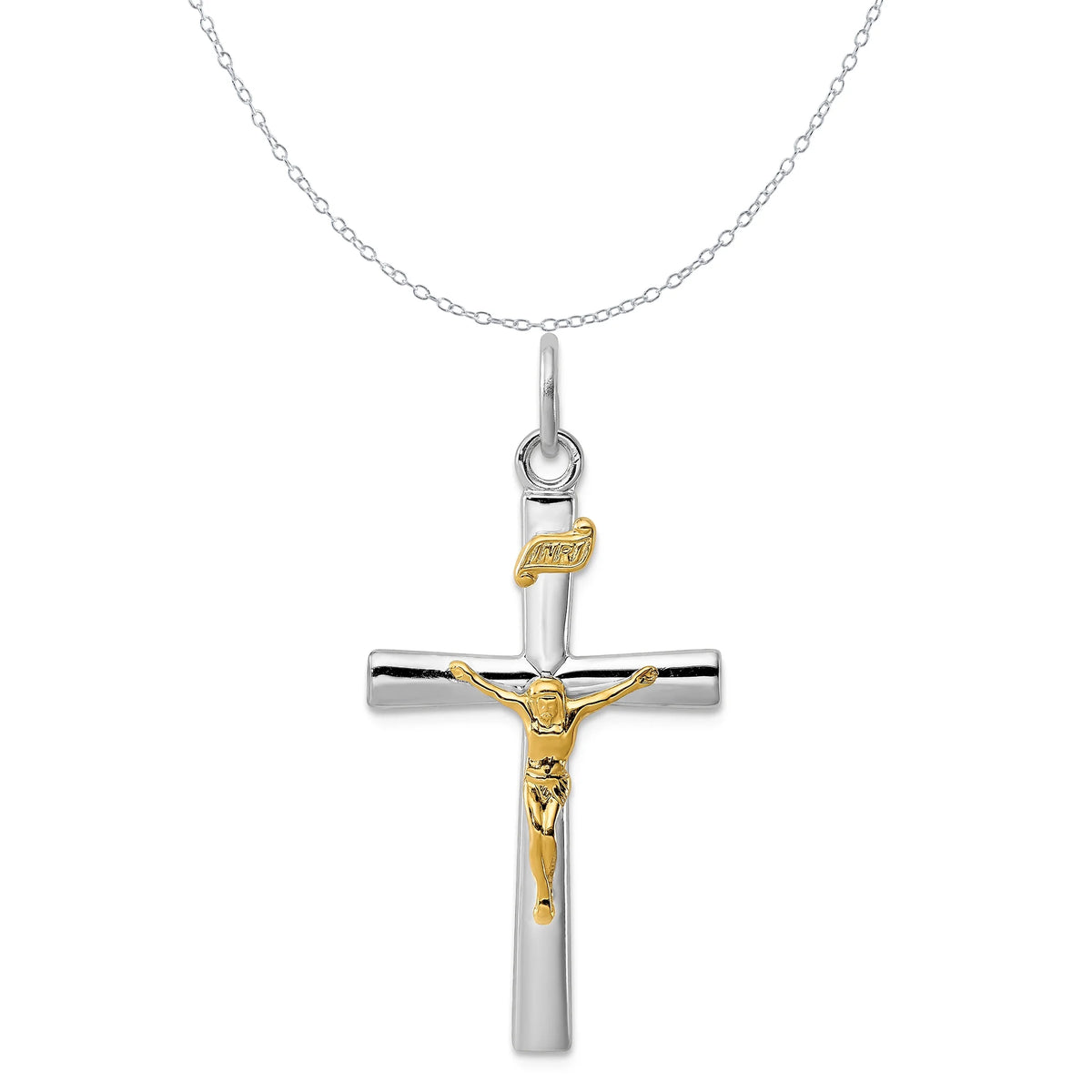 18K Gold Rhodium-Plated Sterling Silver Crucifix Charm Pendant with Sterling Silver Cable Chain Necklace 18'' D3882