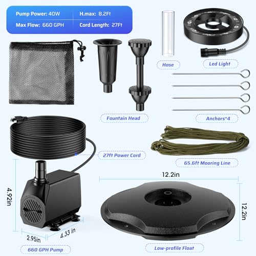 40W 660GPH Floating Pond Fountain with LED Lights and 3 Modes Spray M634
