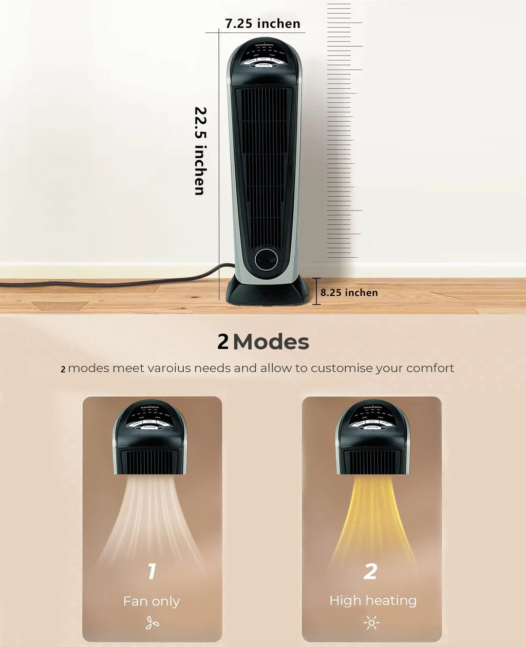 Oscillating Tower Space Heater with Adjustable Thermostat Timer & Remote Control, 22.5 Inches 1500W Grey/Black M73275