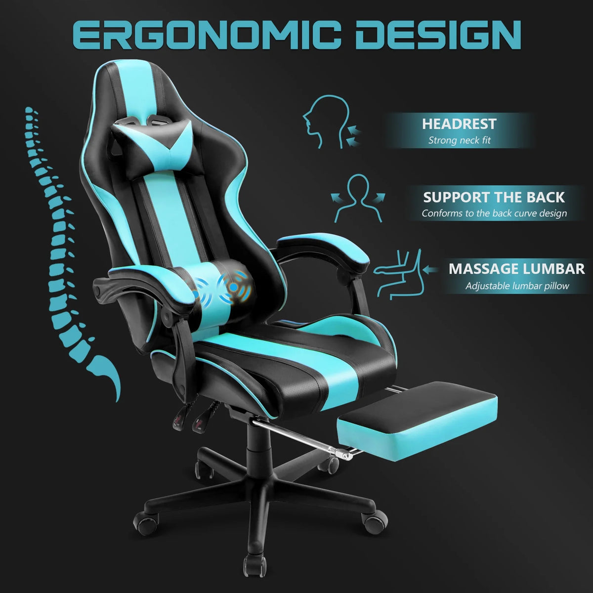 Blue Gaming Chair with Footrest & Massage Lumbar Pillow V423