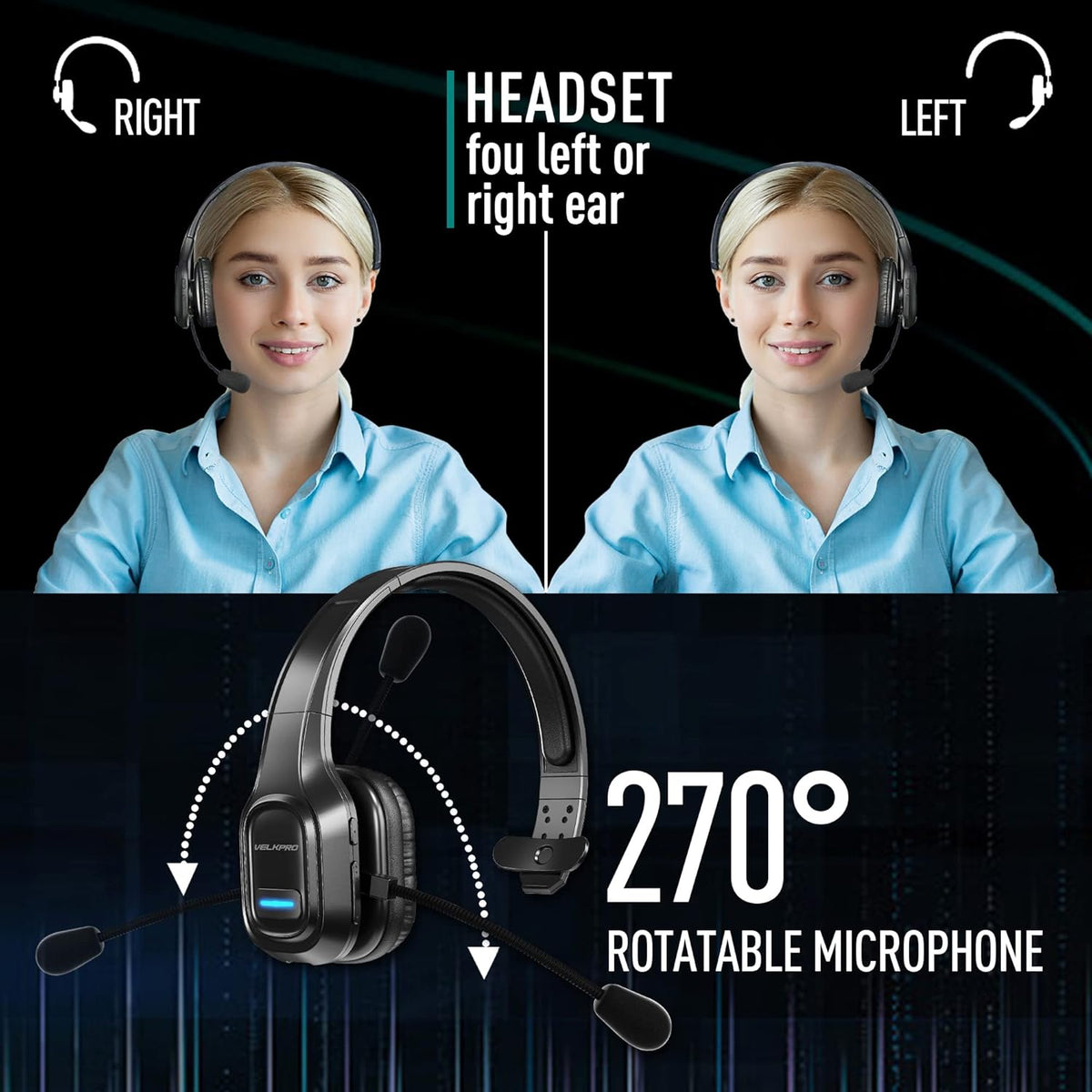 Wireless Headset with Microphone, Single-Ear Headphone with Adjustable Headband B333231