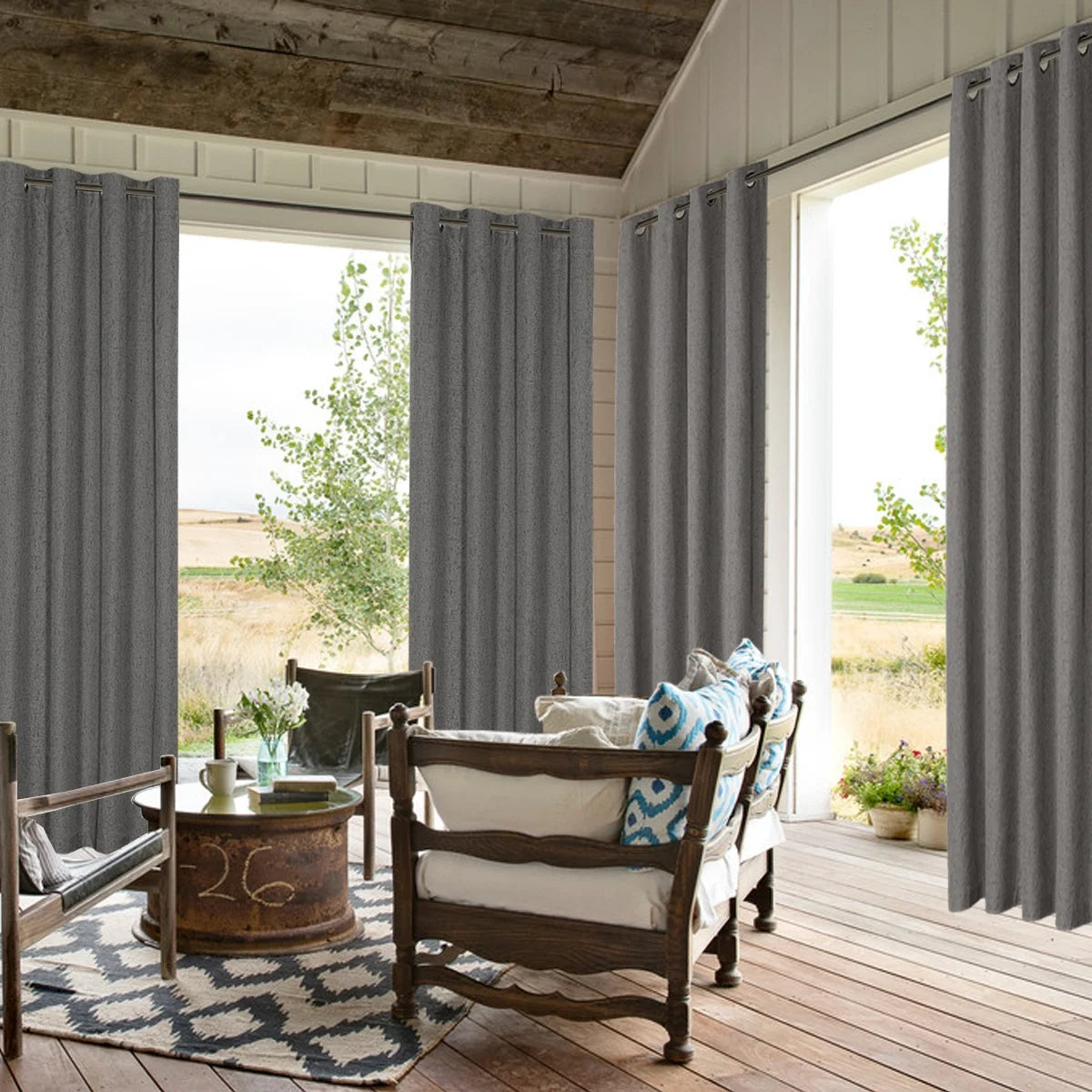 Grey Linen Grommet Top Blackout Curtains, 1 Pair, 52 X 108 Inch G19679